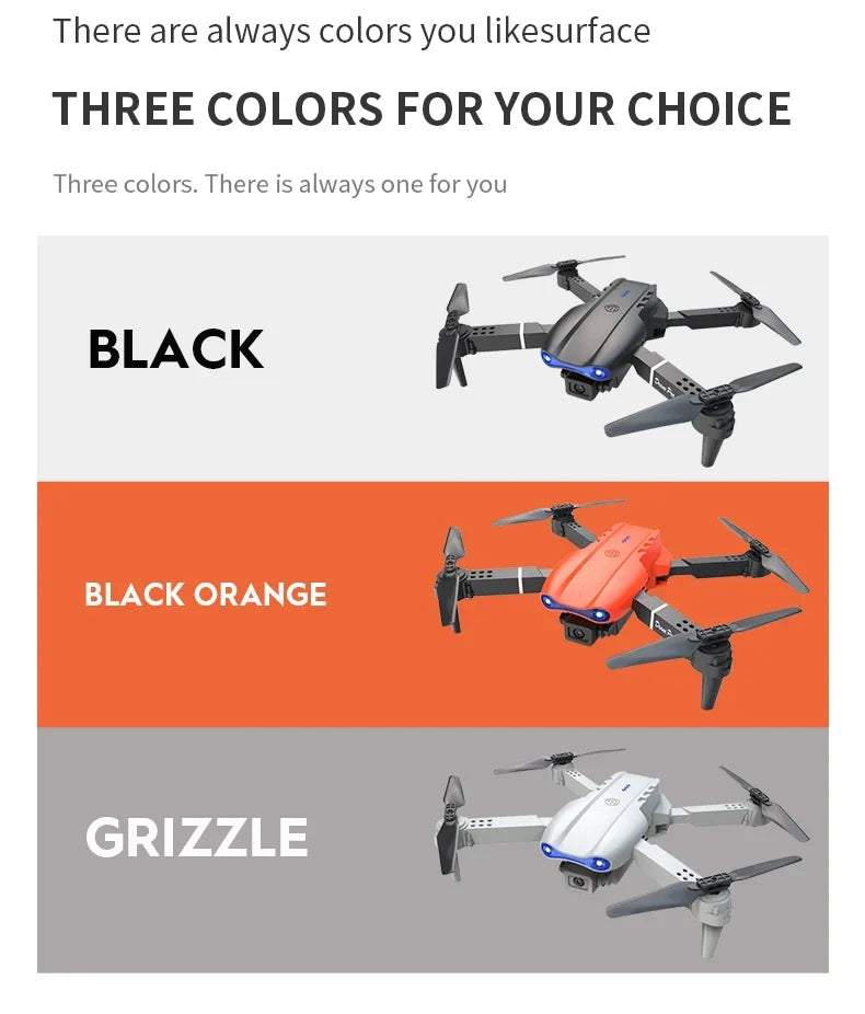 Three color options of a drone displayed with text on a white background.