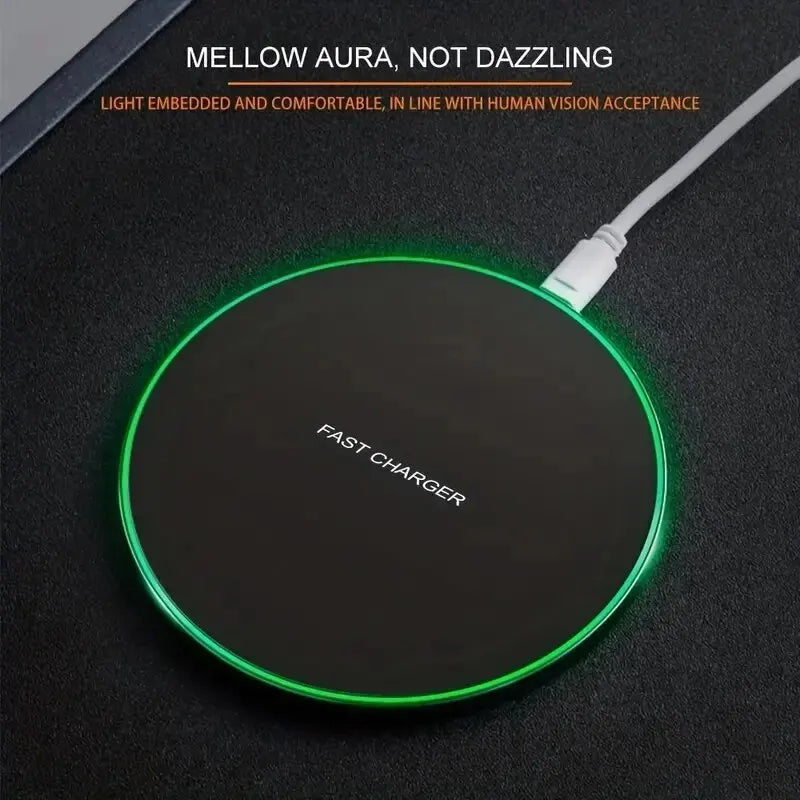 30W fast wireless charging pad with soft green LED light ring and sleek round black design.