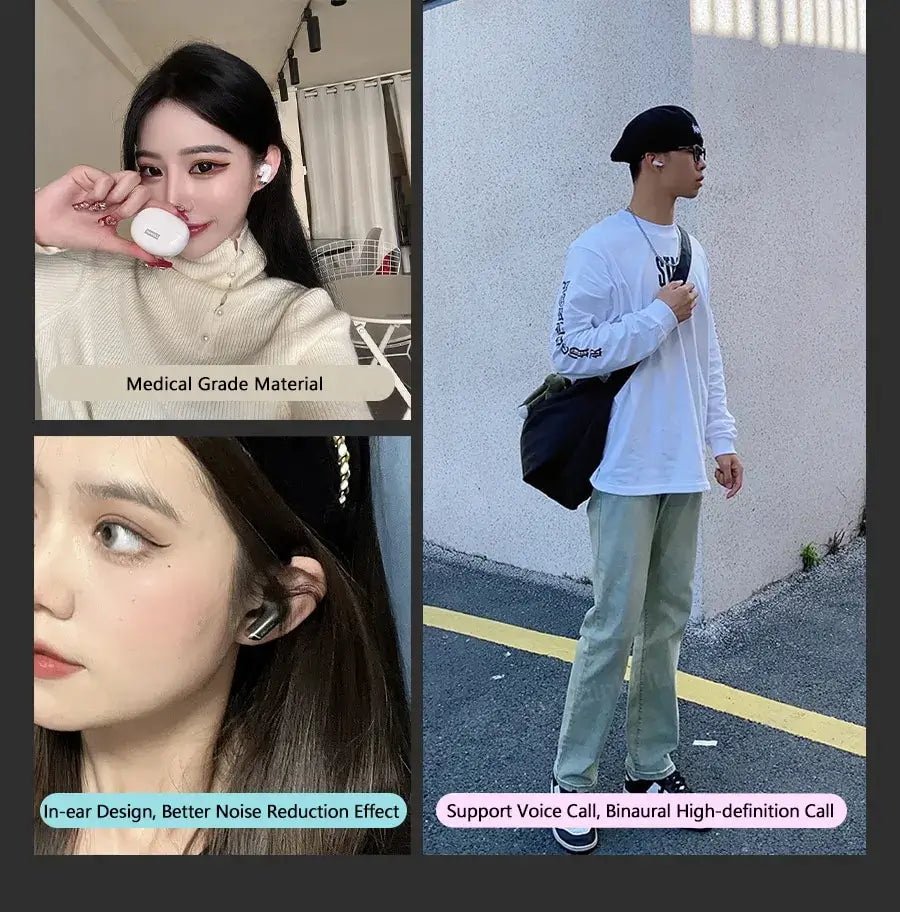 Collage of a woman using earphones, a person standing outdoors, and close-up shots of earphones with text about material and design