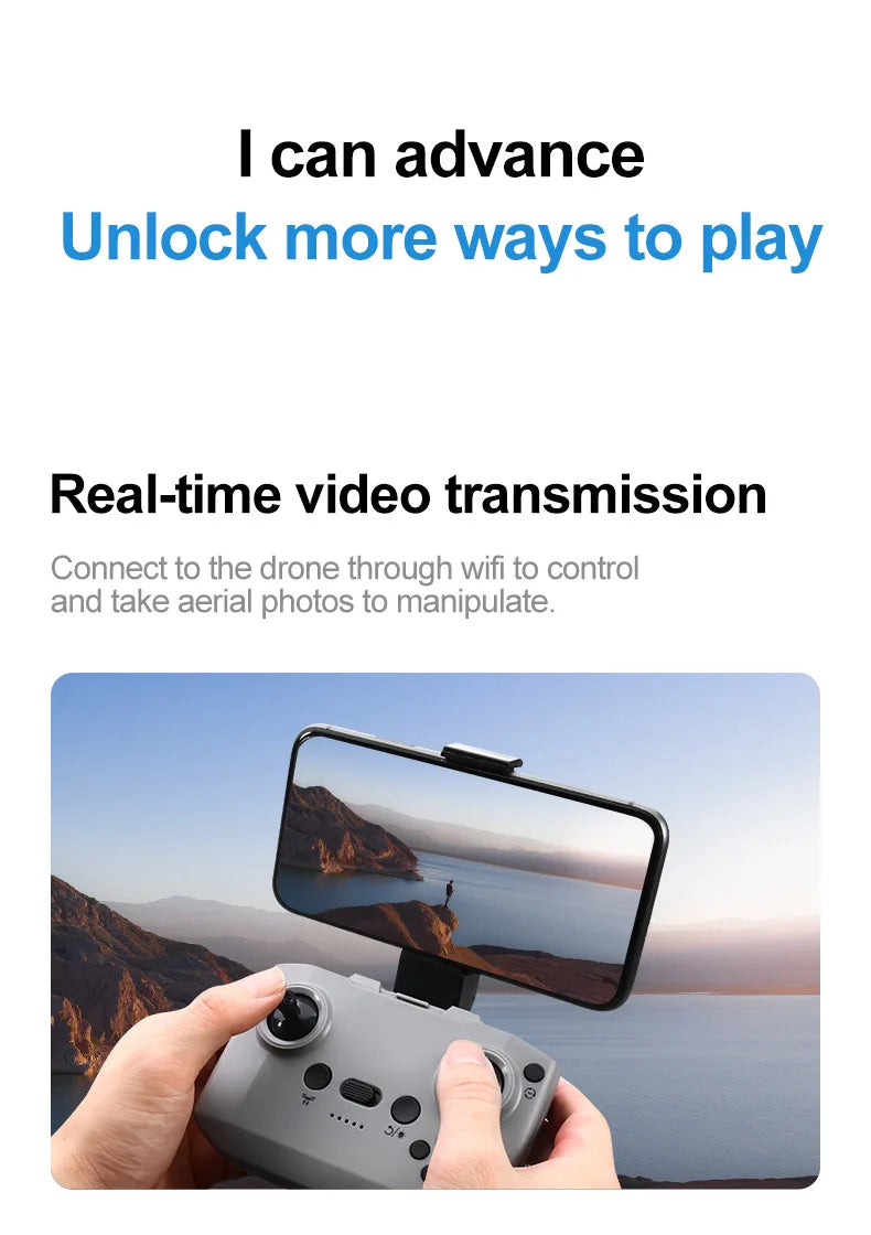 Phone with screen displaying a scenic view held by hands, with text about real-time video transmission and drone control.