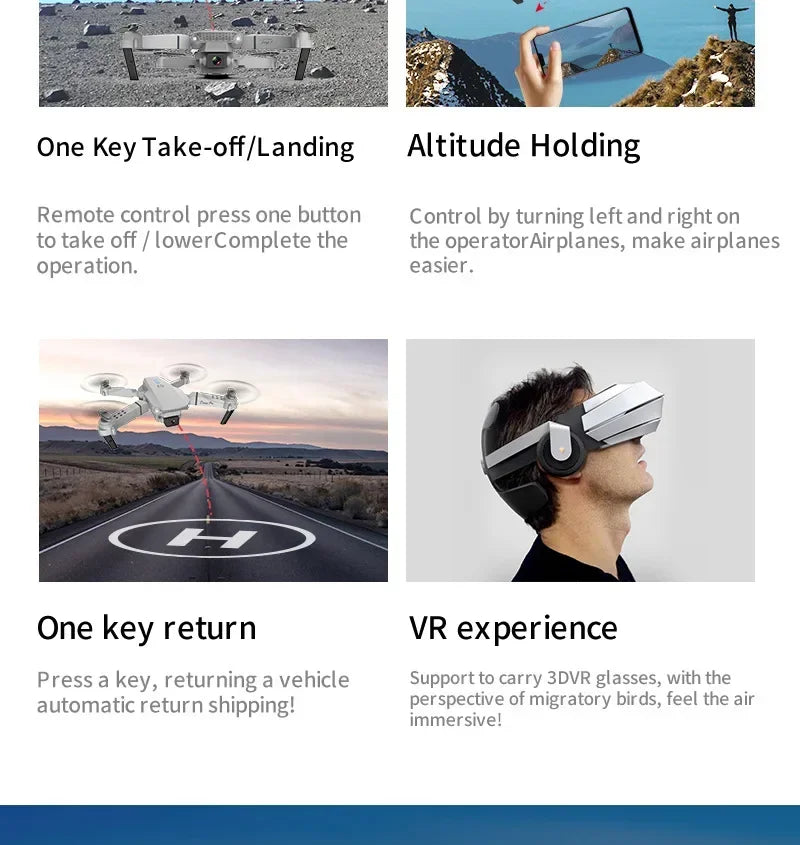 Promotional graphic showcasing features of a drone with text on take-off, altitude holding, one-key return, and VR experience.