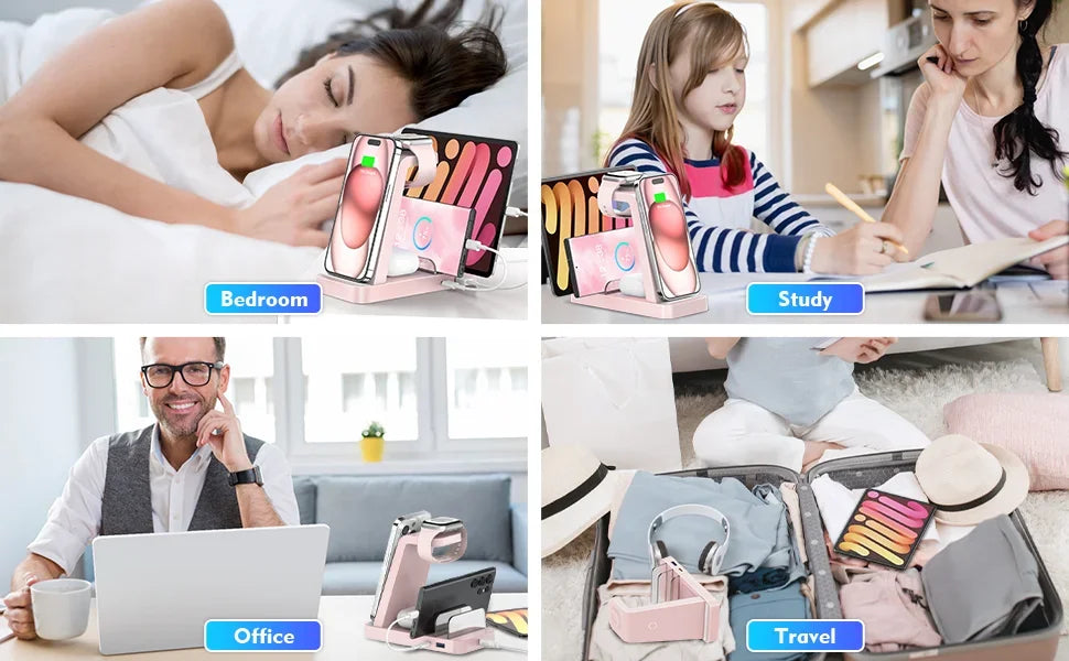 Collage of a phone case being used in different settings: bedroom, study, office, and travel.