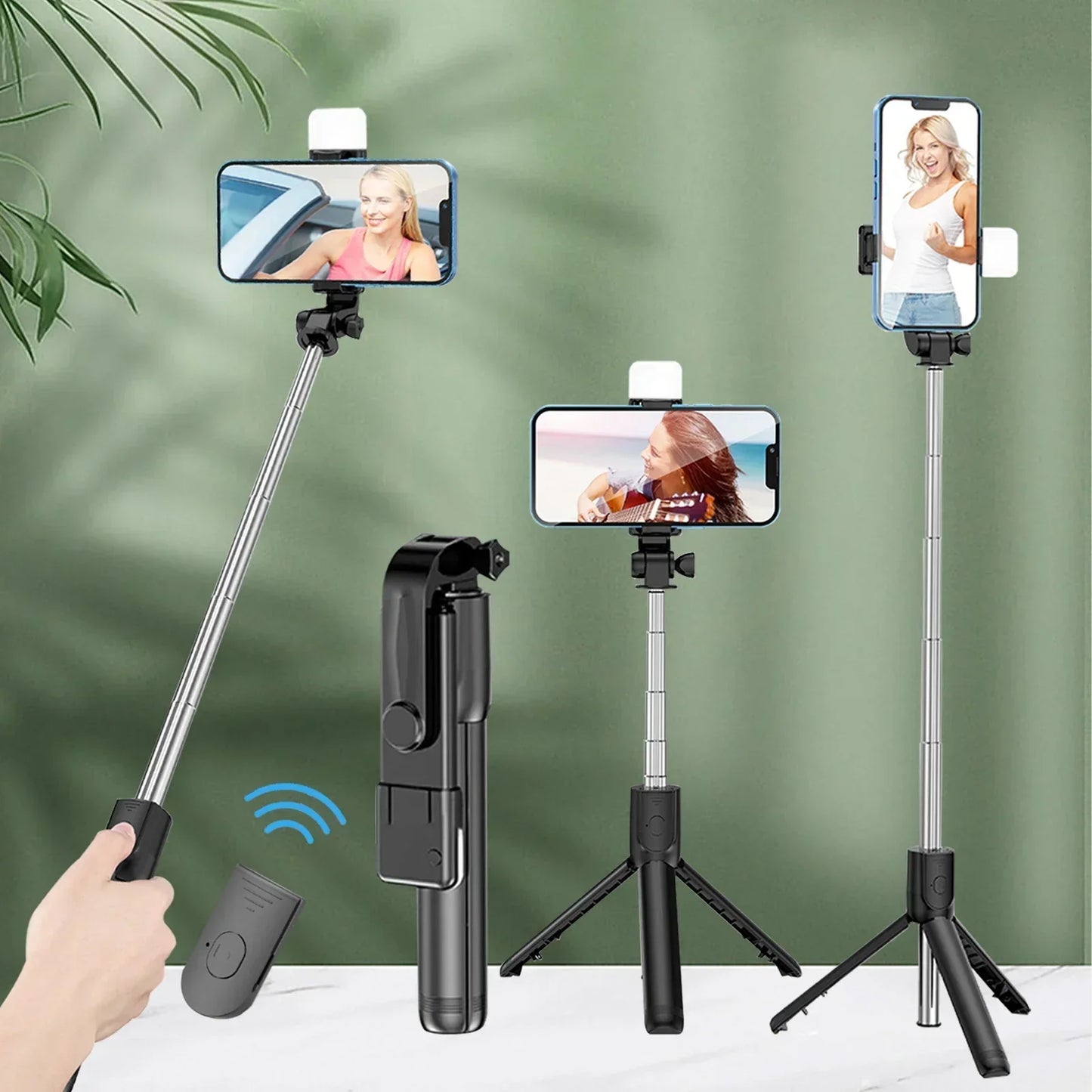 Multiple smartphone holders with screens displaying different activities on a green background