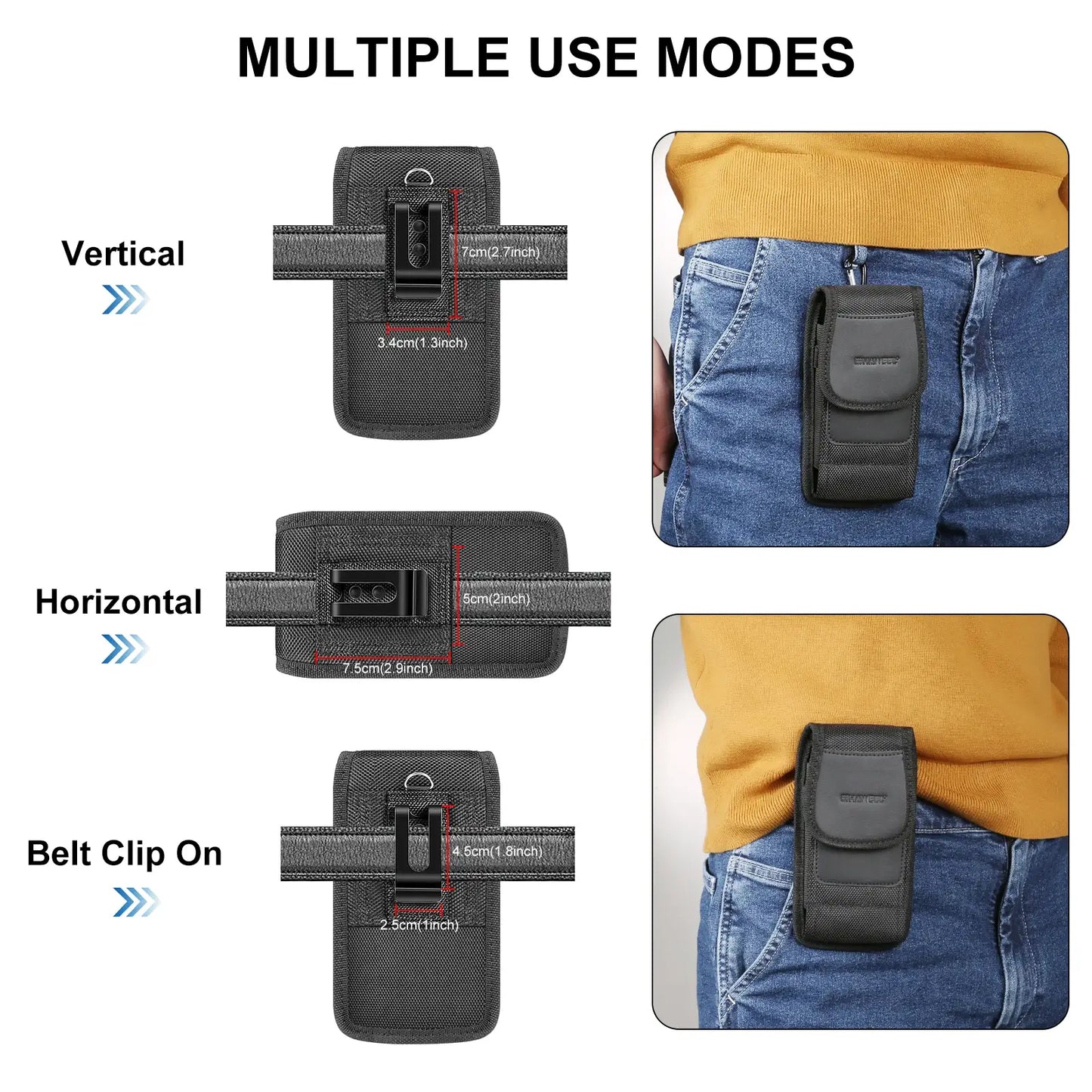 Black phone holster with multiple use options on a white background