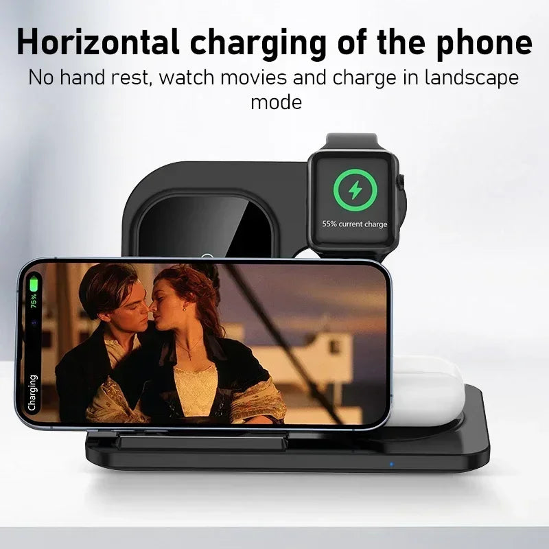 Multi-device charging station with phone, watch, and tablet on a white background