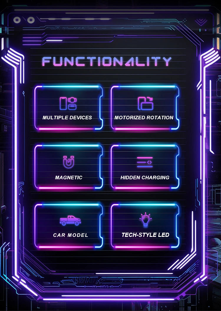 List of functionalities with neon blue and purple text on a dark background