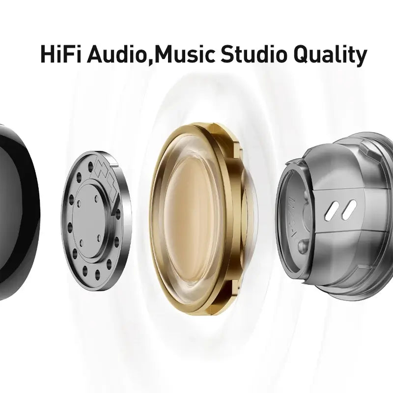 Close-up of electronic components with "HiFi Audio, Music Studio Quality" text on a white background