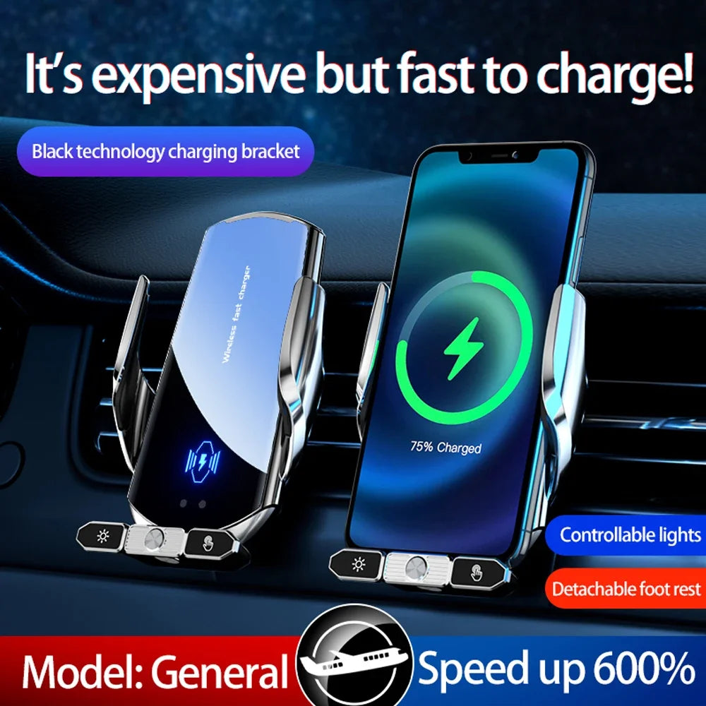 Car phone holder with smartphone charging, text indicating fast charging speed.