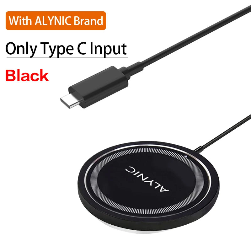 Black ALYNIC brand magnetic wireless charging pad with slim round design and Type-C input only.