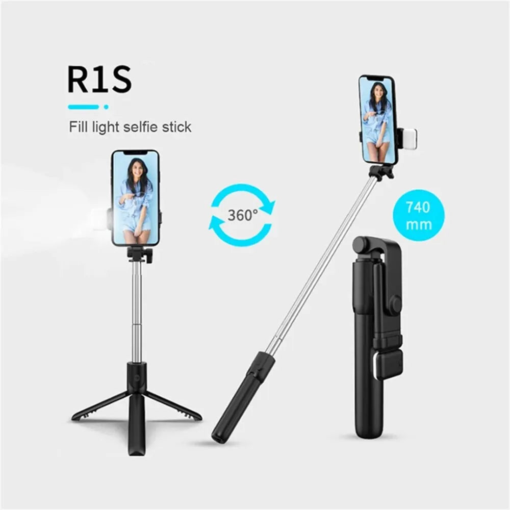 Selfie stick with smartphone holder on a white background, showing 360-degree rotation and length measurement.