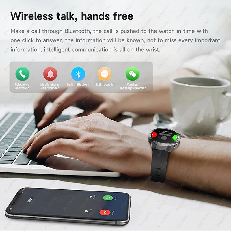 Person using a laptop with a smartwatch on wrist, displaying phone app icons.