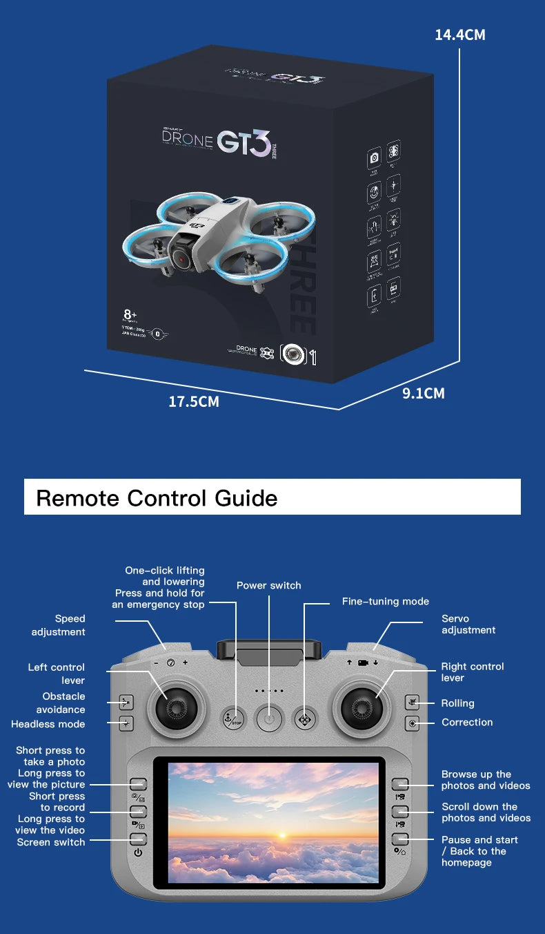Drone box with dimensions and remote control guide on a blue background
