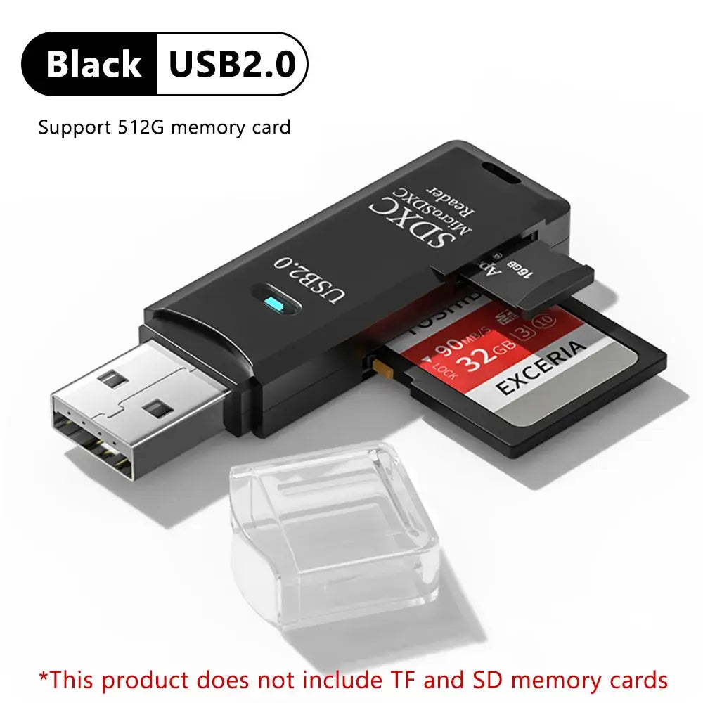 Black USB 2.0 memory card reader with an SD card inserted on a white background