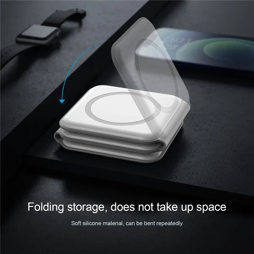 Foldable silicone storage case on a dark surface with text indicating folding storage and soft silicone material.