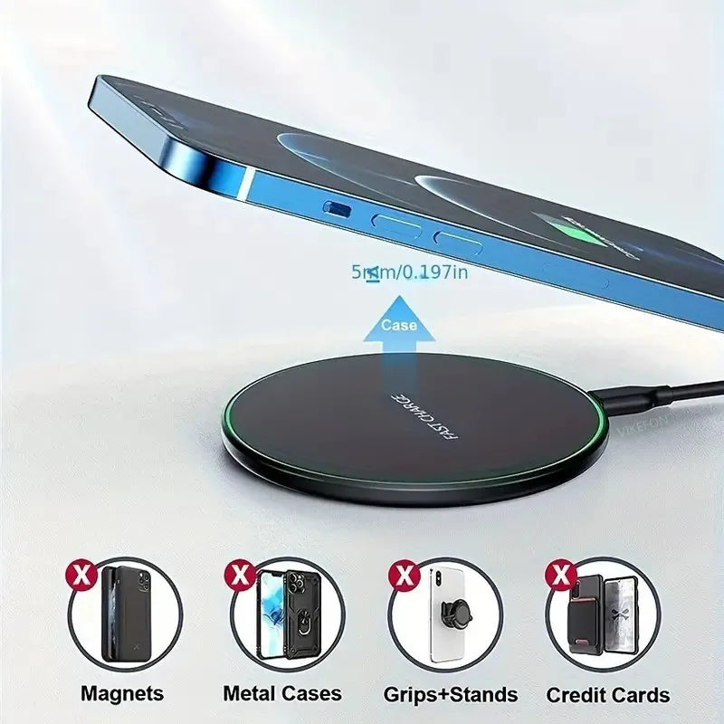 30W wireless charging pad powering iPhone through case with up to 5mm distance and restrictions on magnets metal cases grips and credit cards.