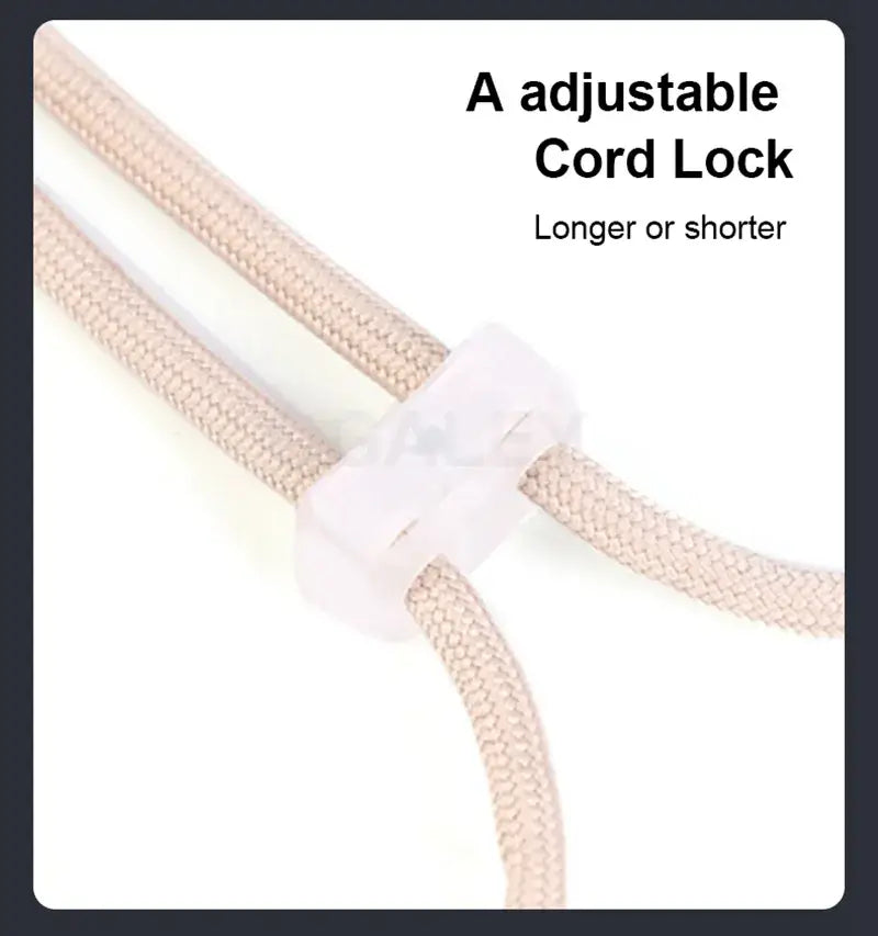 Adjustable cord lock on a rope with text indicating adjustability