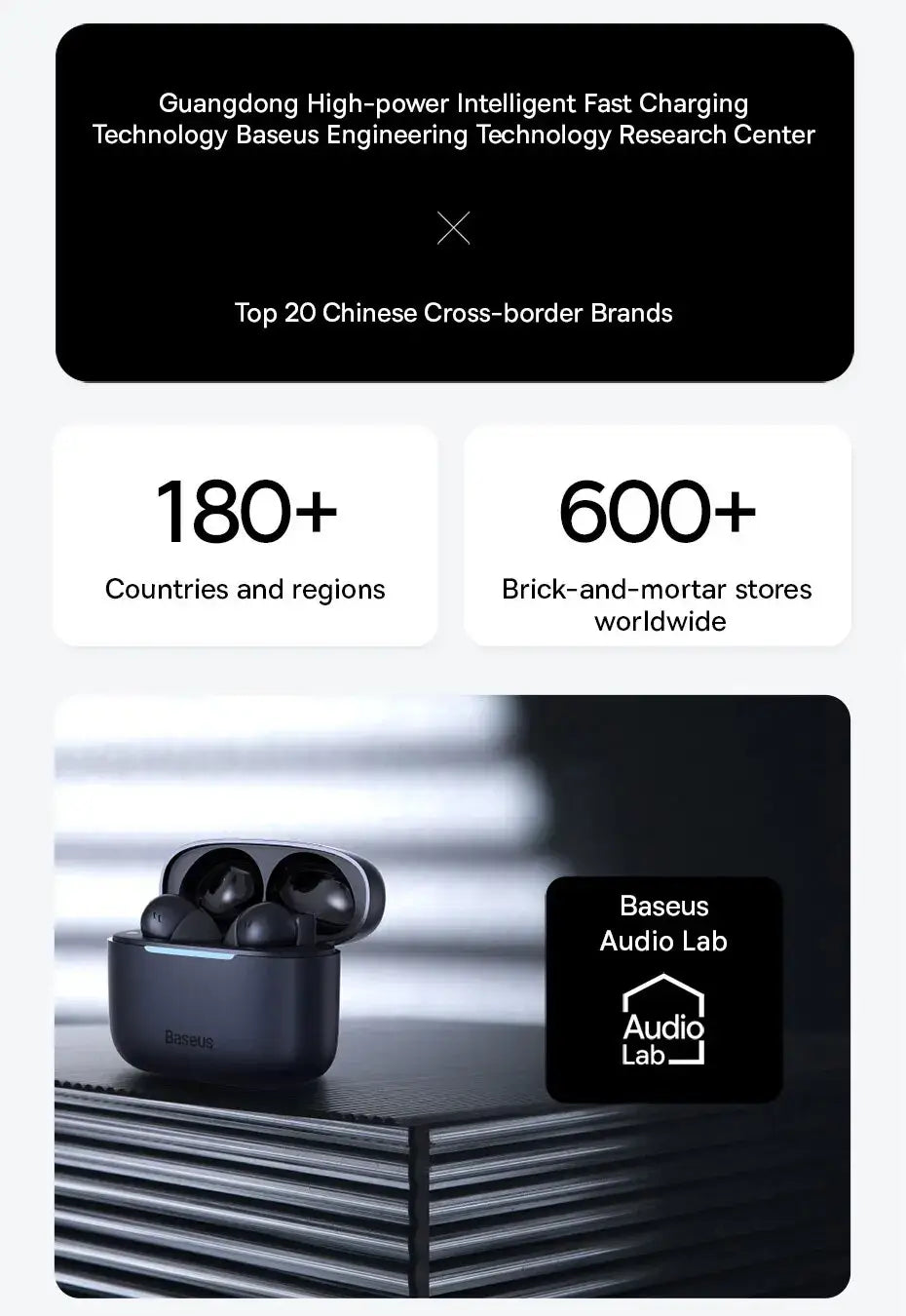 Baseus wireless earbuds with branding and statistics displayed on a white background