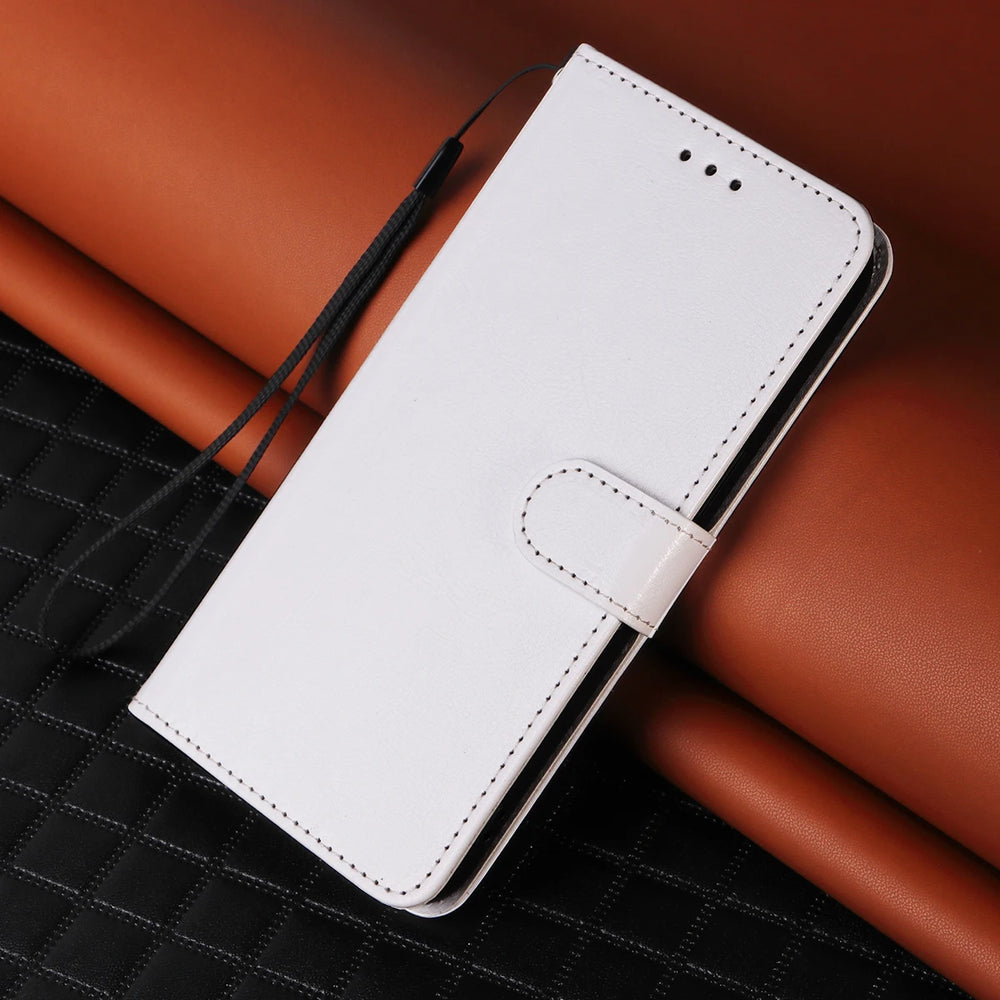 White phone case on a brown leather surface