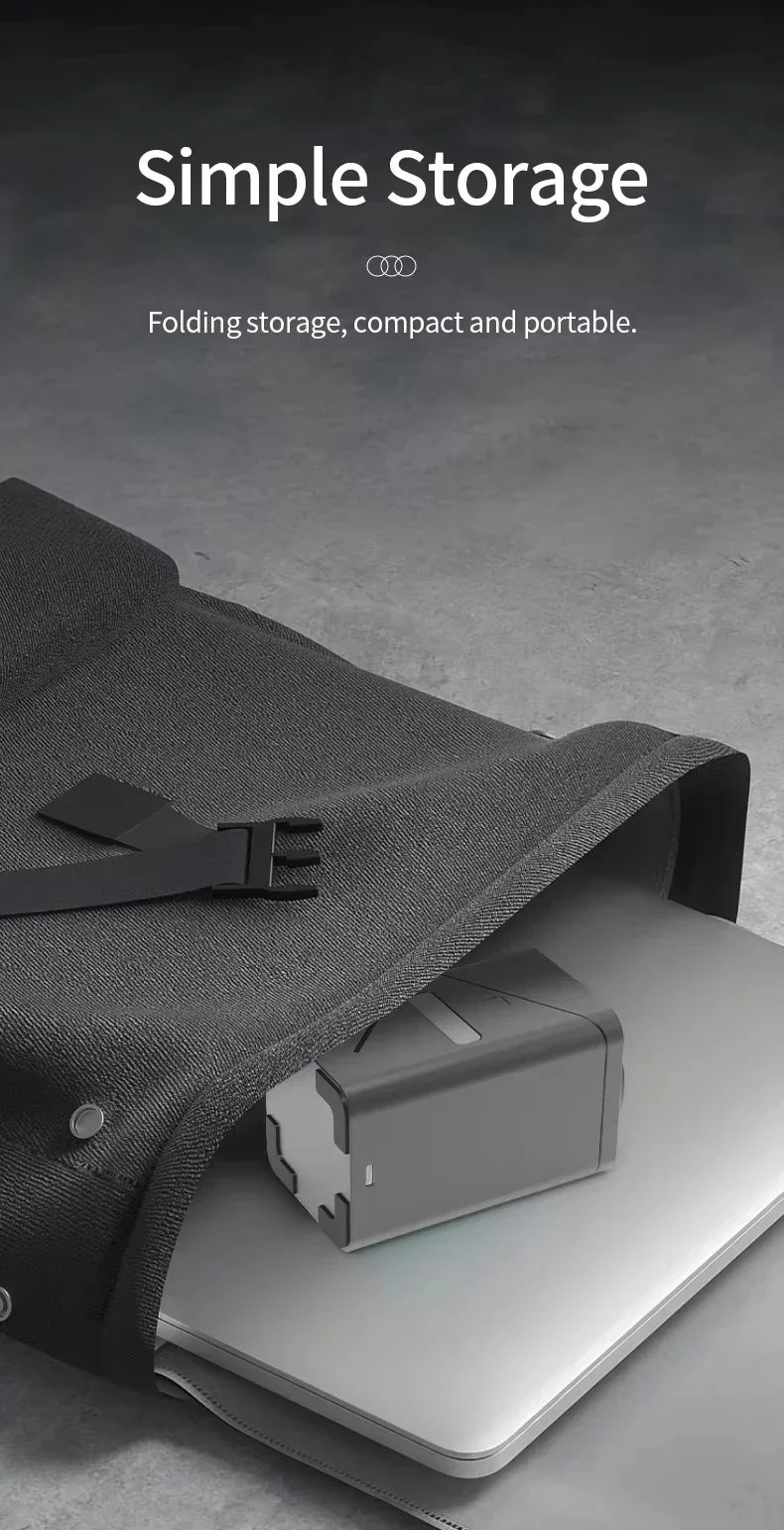 Folding storage solution with a gray bag and white box on a dark background, labeled 'Simple Storage'.