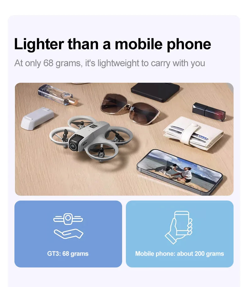 Small drone on a table with a phone, sunglasses, and other items, highlighting its lightweight design.
