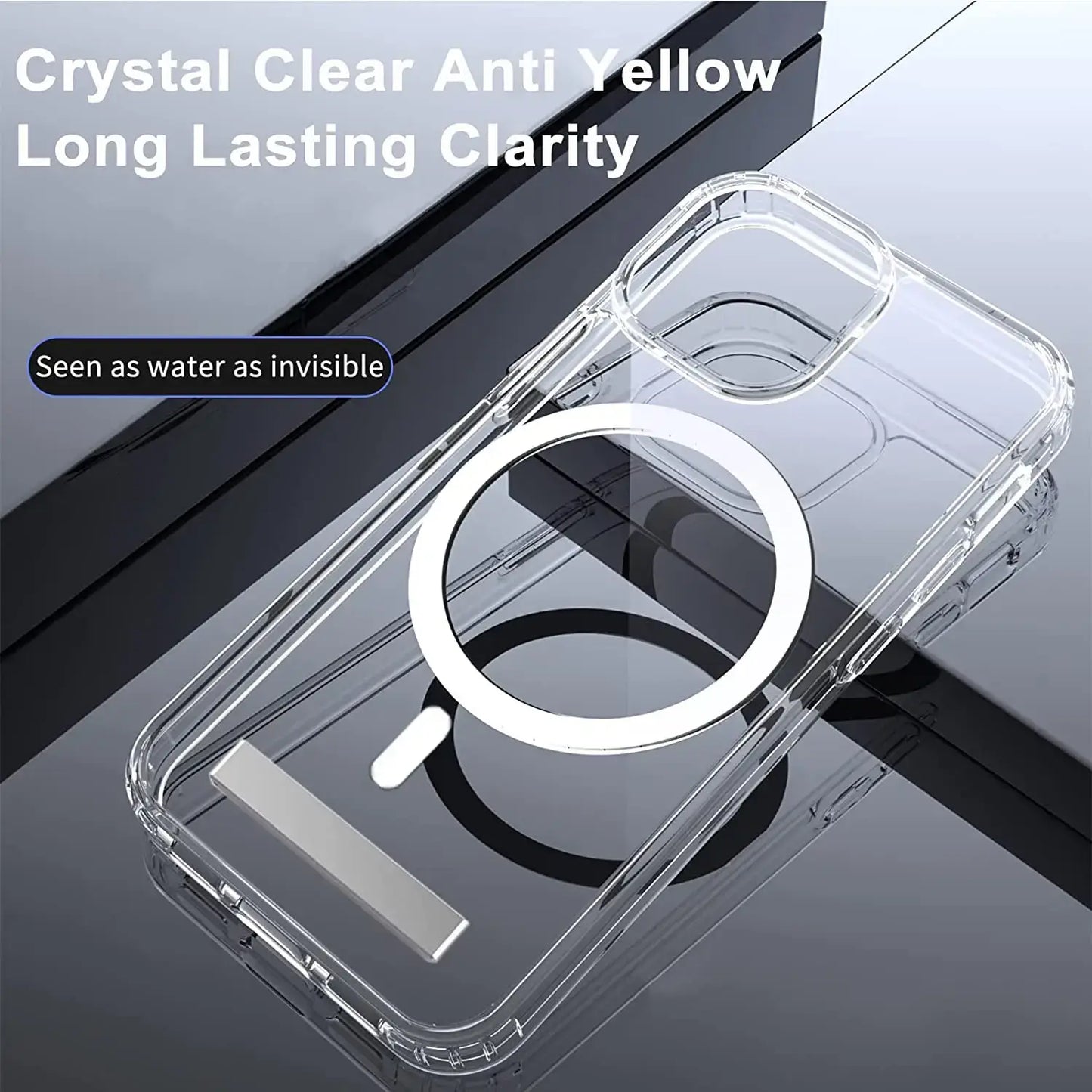 Magnetic clear phone case with ring holder for iPhone – MagSafe compatible, displayed on a reflective surface