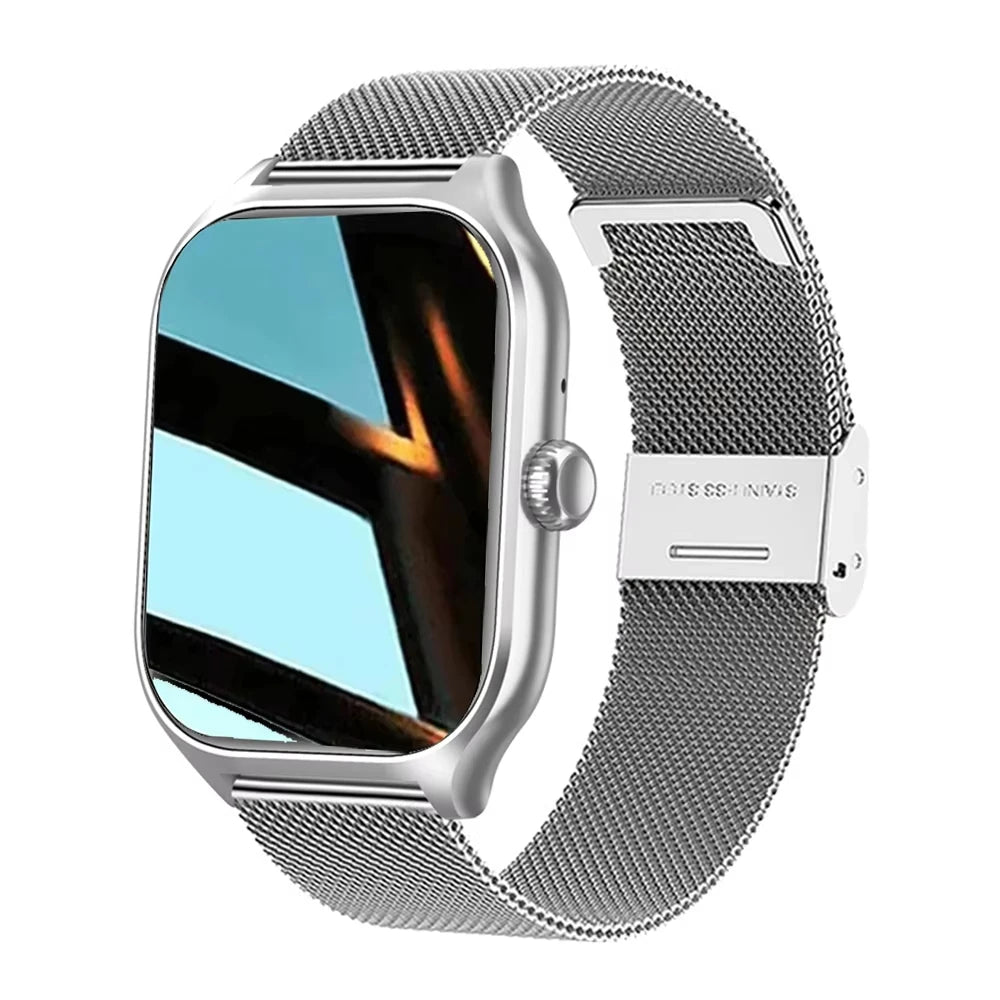Silver smartwatch with mesh band on a white background