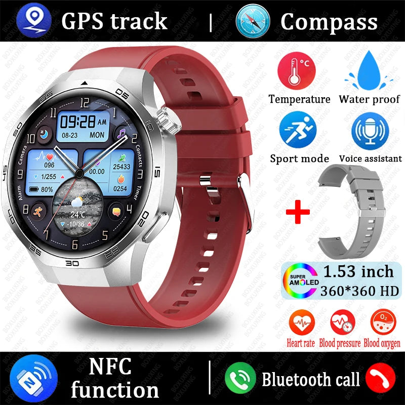 Smartwatch with red band and various features highlighted on a white background