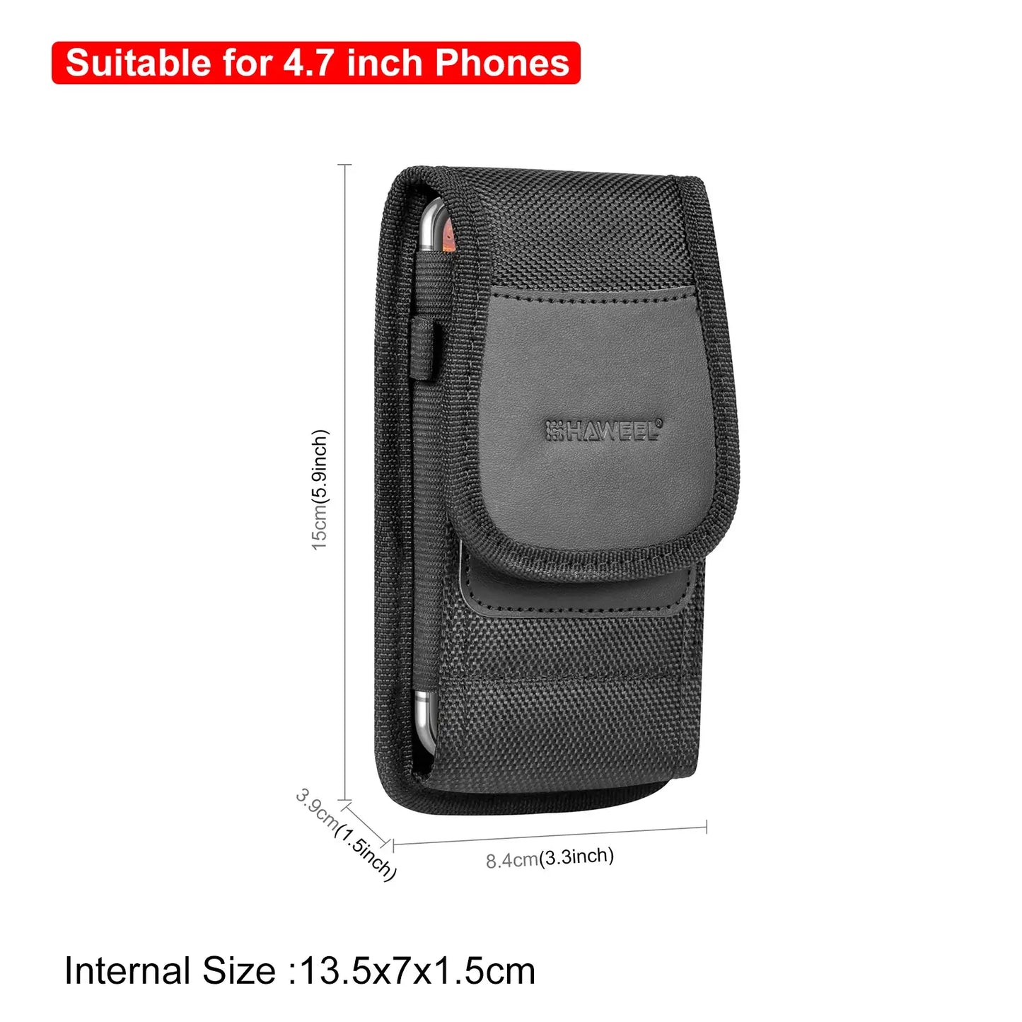 Black phone case with measurements displayed on a white background