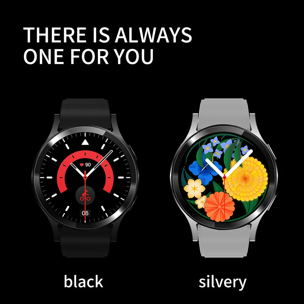Two smartwatches, one black and one silvery, with floral display on a black background.