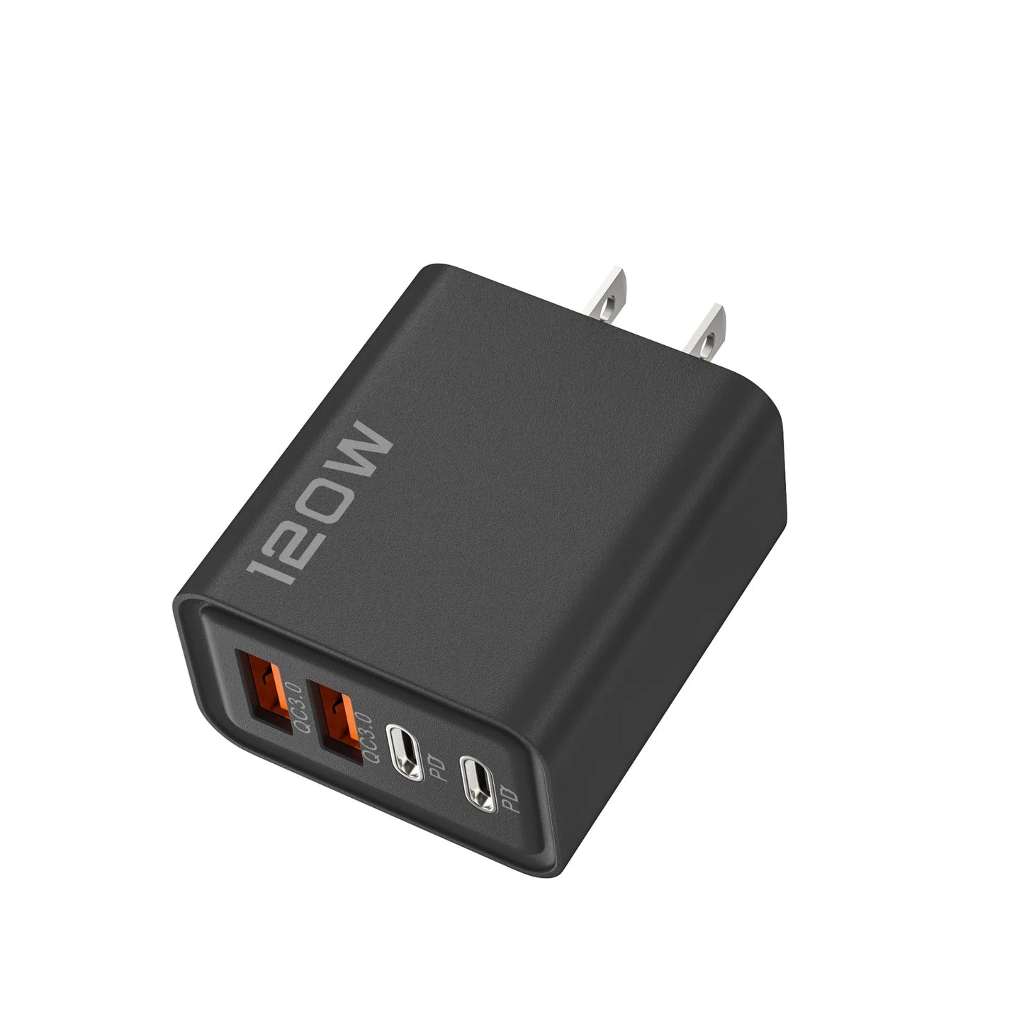 Black 120W power adapter with multiple ports on a white background