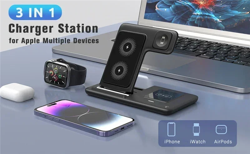 3-in-1 charger station with smartphone, smartwatch, and wireless earbuds on a desk.
