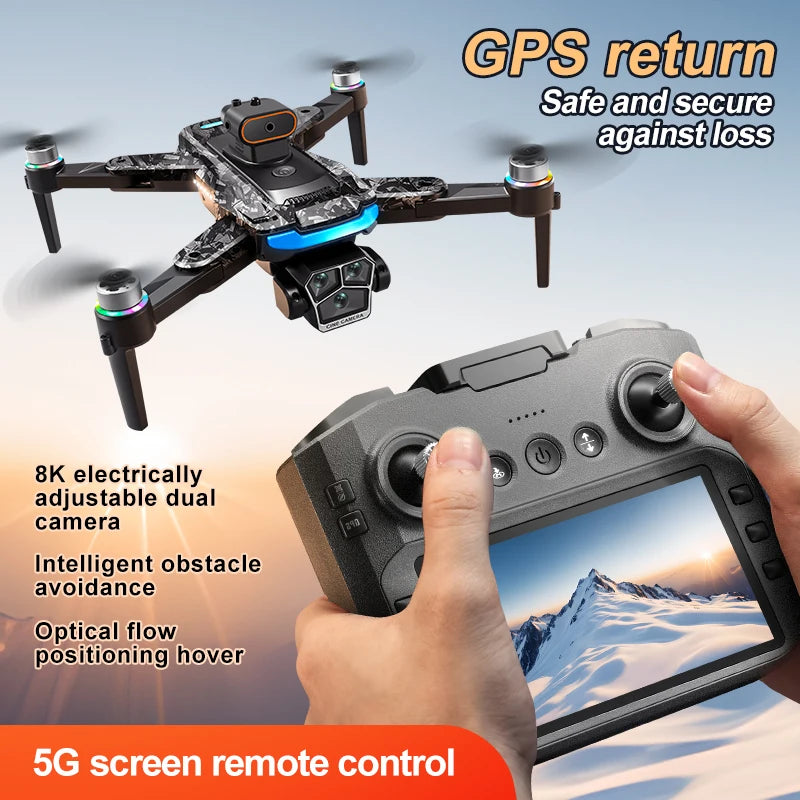 Drone with remote control and features highlighted on a blue background