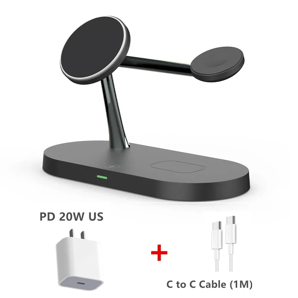 Black phone charging stand with USB-C cable on a white background