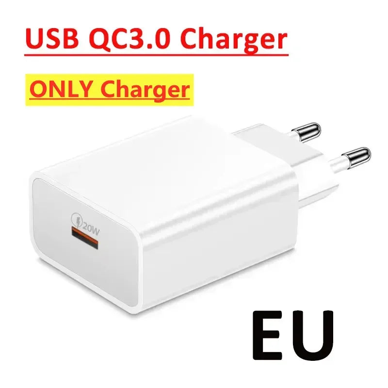 White USB QC3.0 charger with text indicating it is a 'ONLY Charger' and 'EU' compatible.