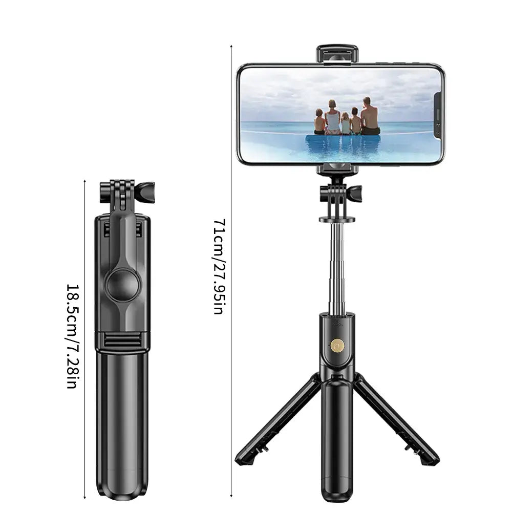 Wireless black selfie stick with smartphone holder and measurements on a white background
