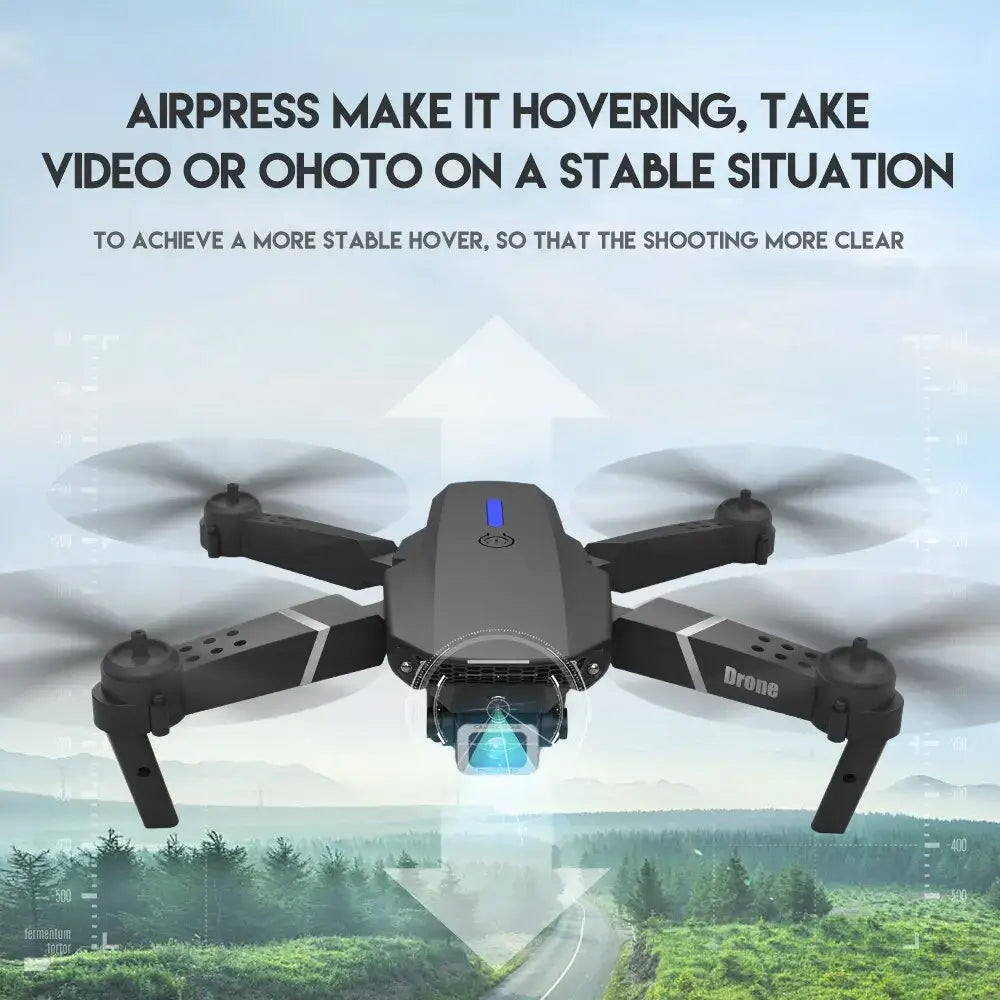 E88 Pro RC drone hovering with overlay text highlighting stability and video/photo capability