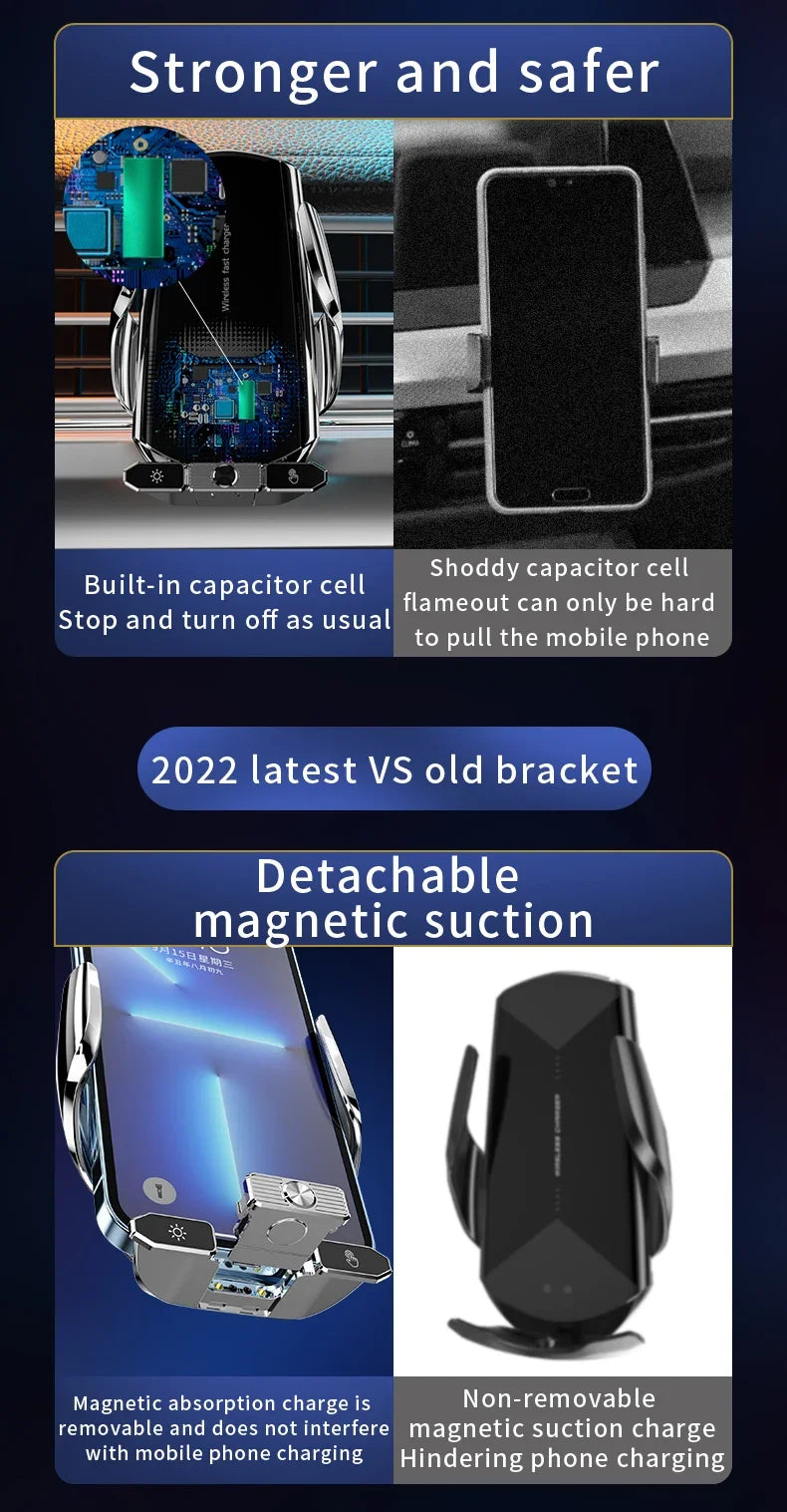 Car phone holder with detachable magnetic suction feature and comparison to old bracket.