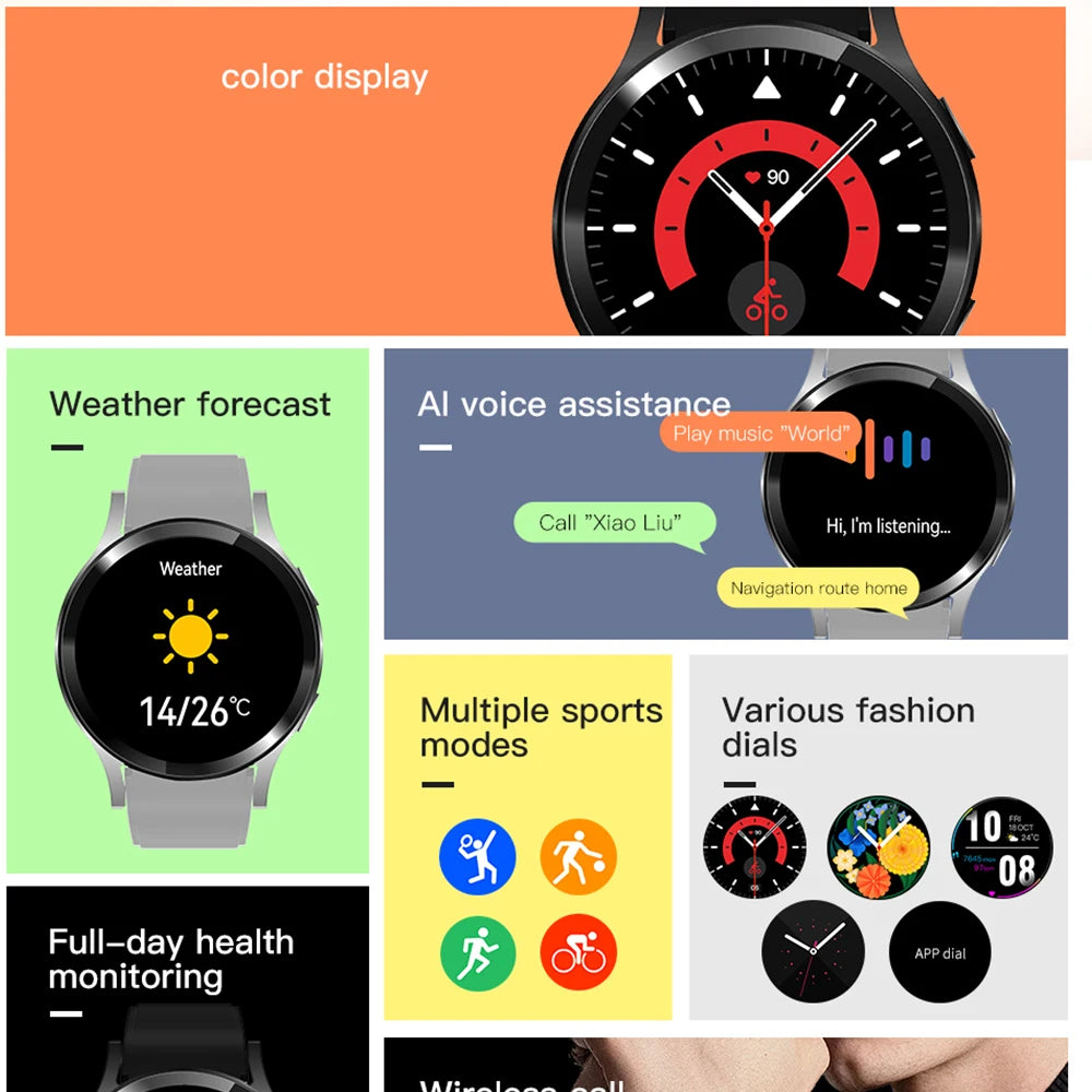 Smartwatch with various features displayed on a colorful background