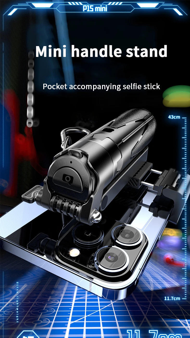 Mini handle stand for phone with text on a futuristic design background