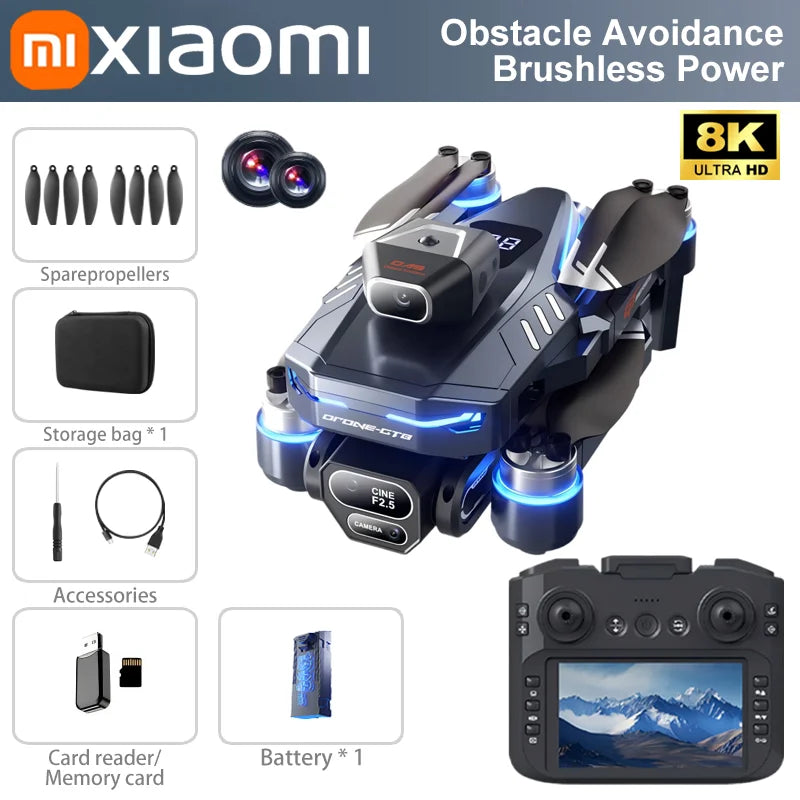 Xiaomi drone with accessories and remote control on a gray background