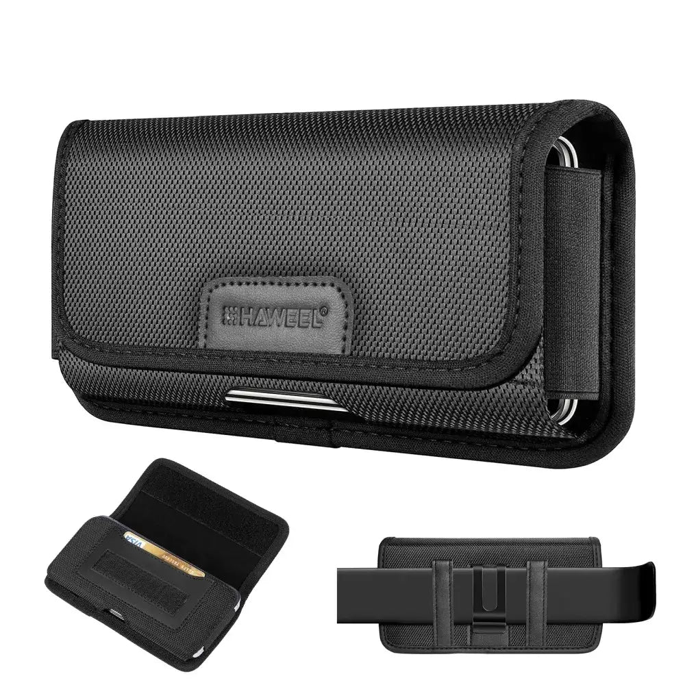 Black phone holster with strap and extra pouch on a white background