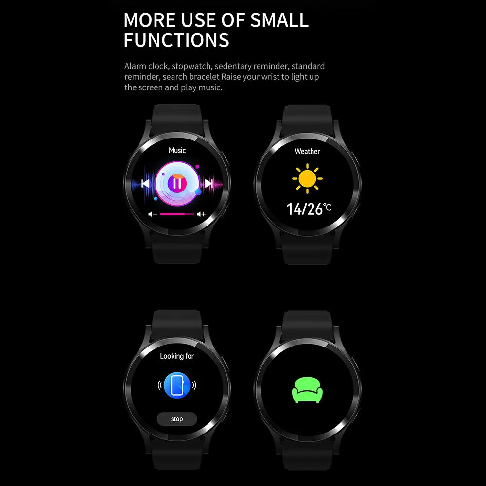 Smartwatch with various functions displayed on a black background