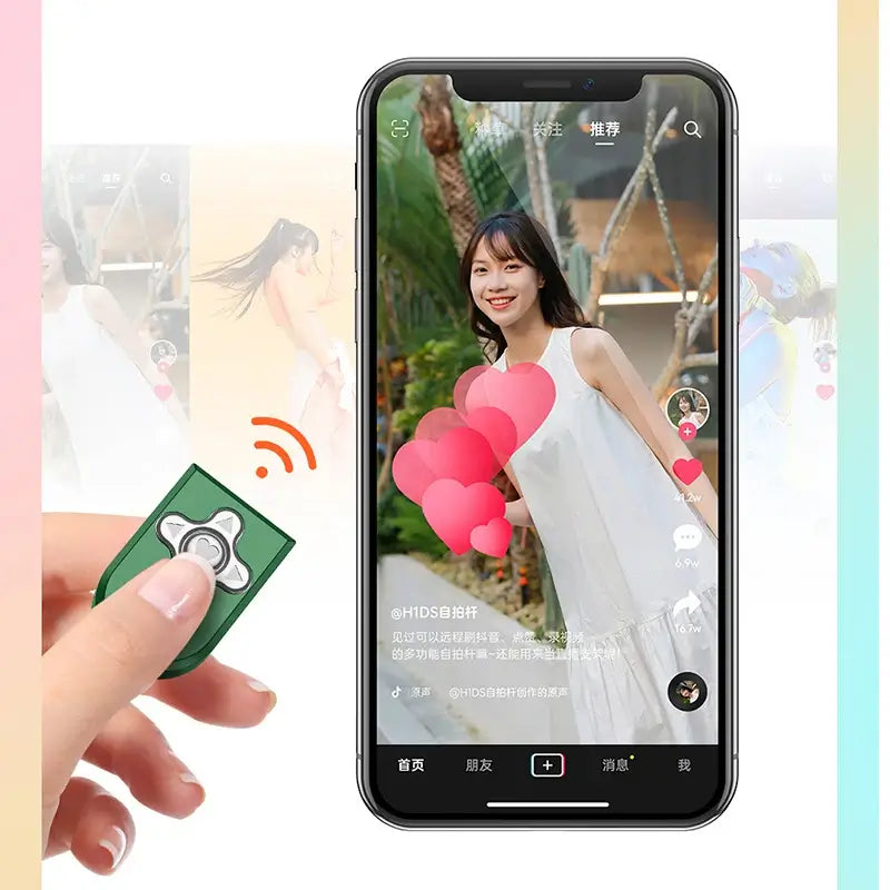 Smartphone displaying a social media app with a woman's profile, held by a hand with a green device.