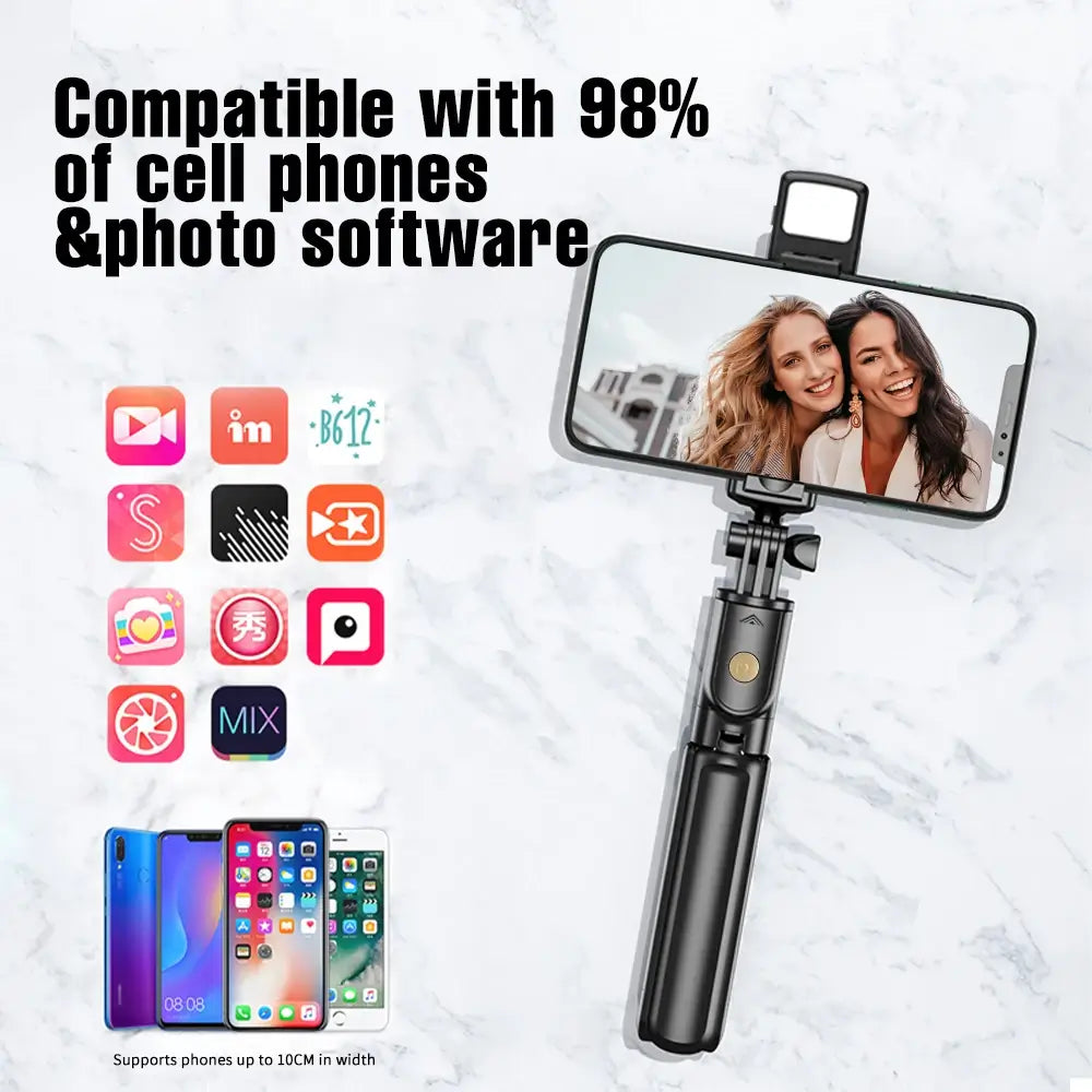 Wireless phone holder with mirror attachment on a white background featuring smartphone compatibility icons