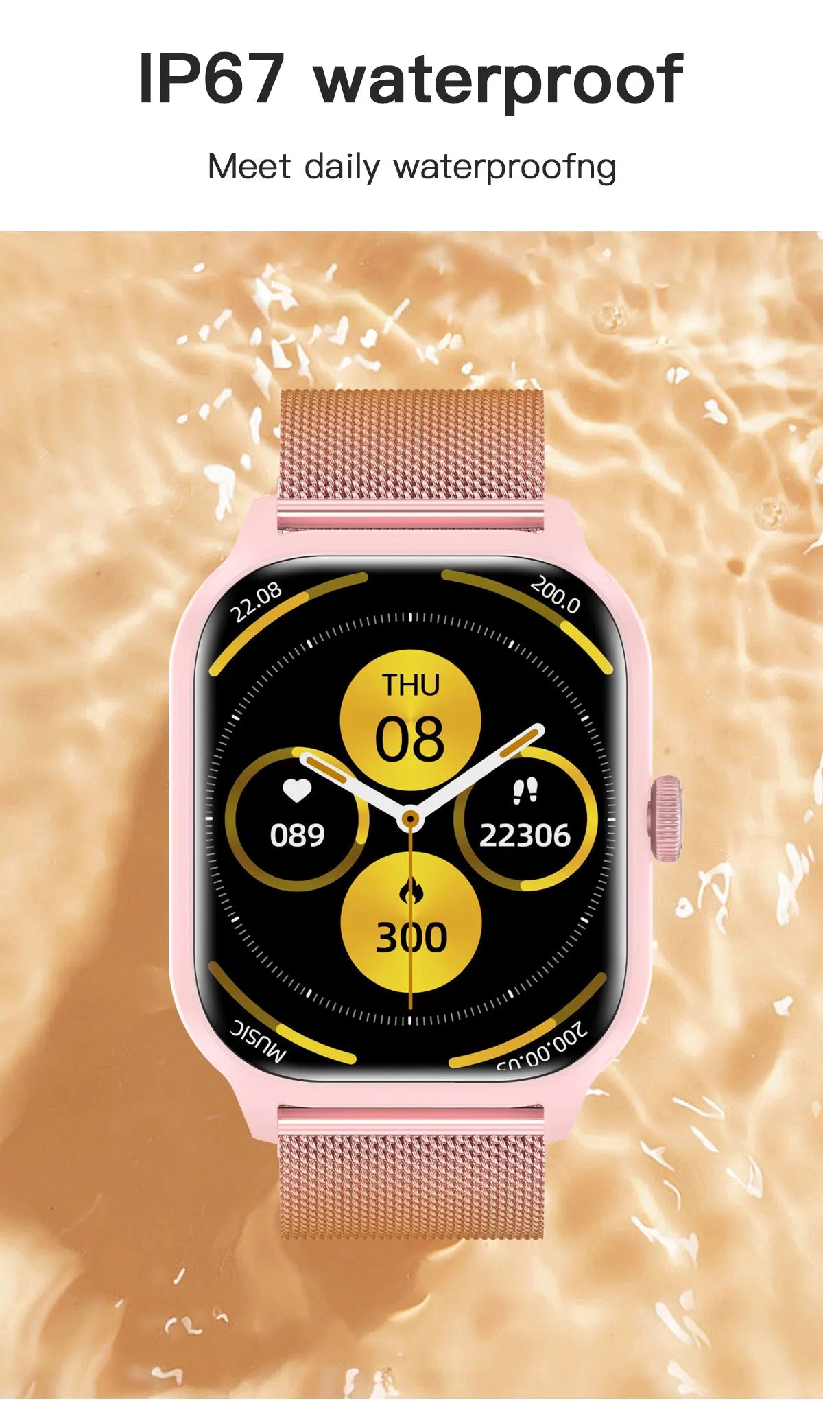 Smartwatch with pink band on a water background, emphasizing waterproof feature.