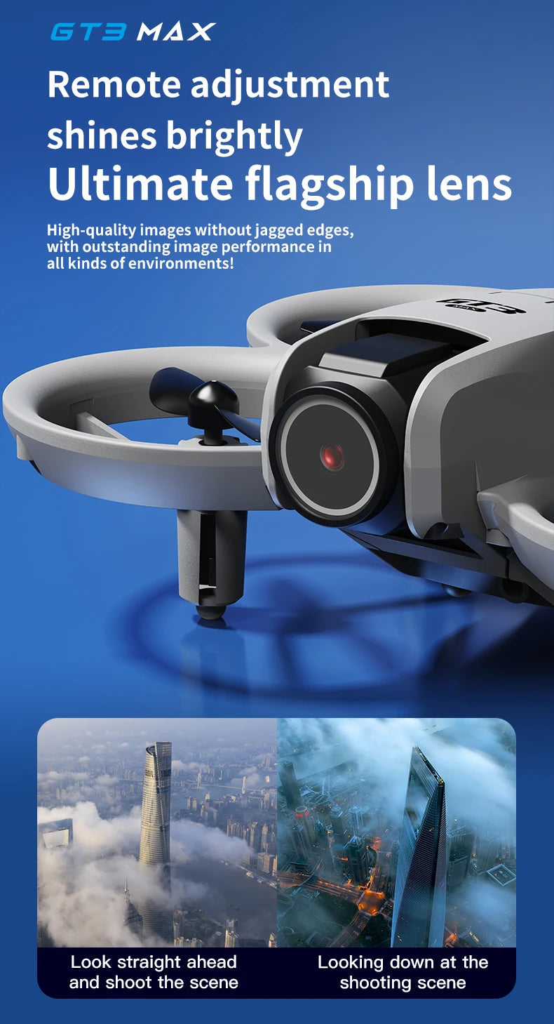 Drone with camera lens on a blue background, showcasing features and applications.