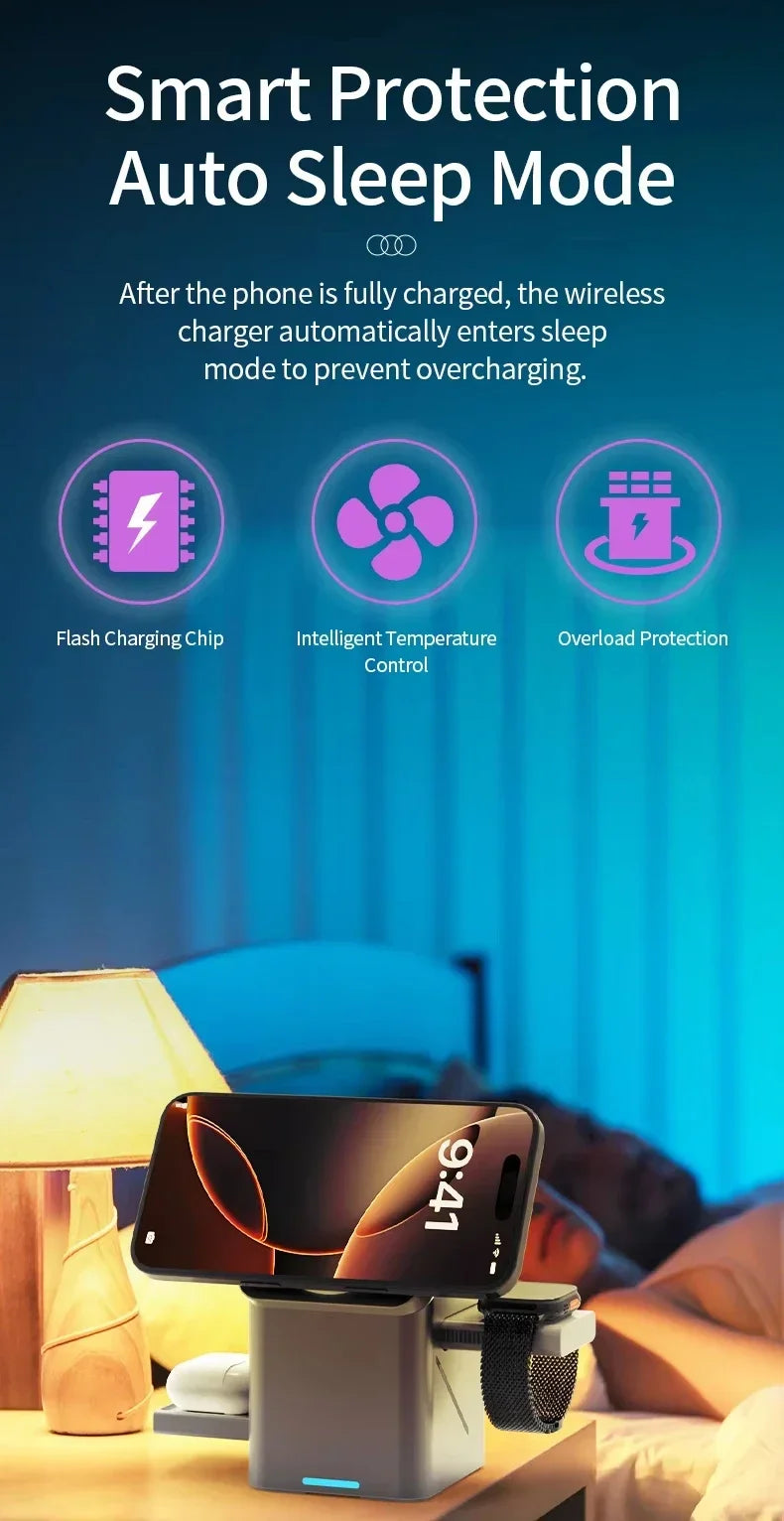 Smart phone charger with auto sleep mode feature on a blurred bedroom background