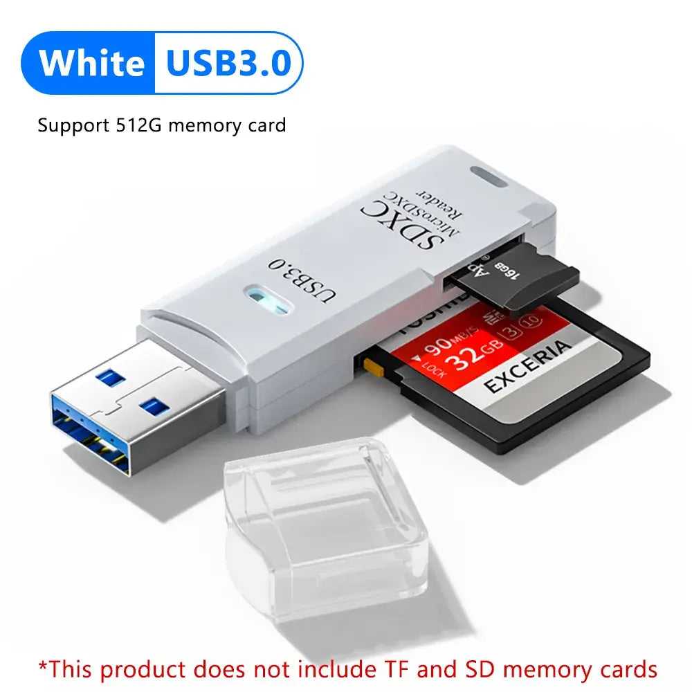 White USB 3.0 card reader with SD card on a white background