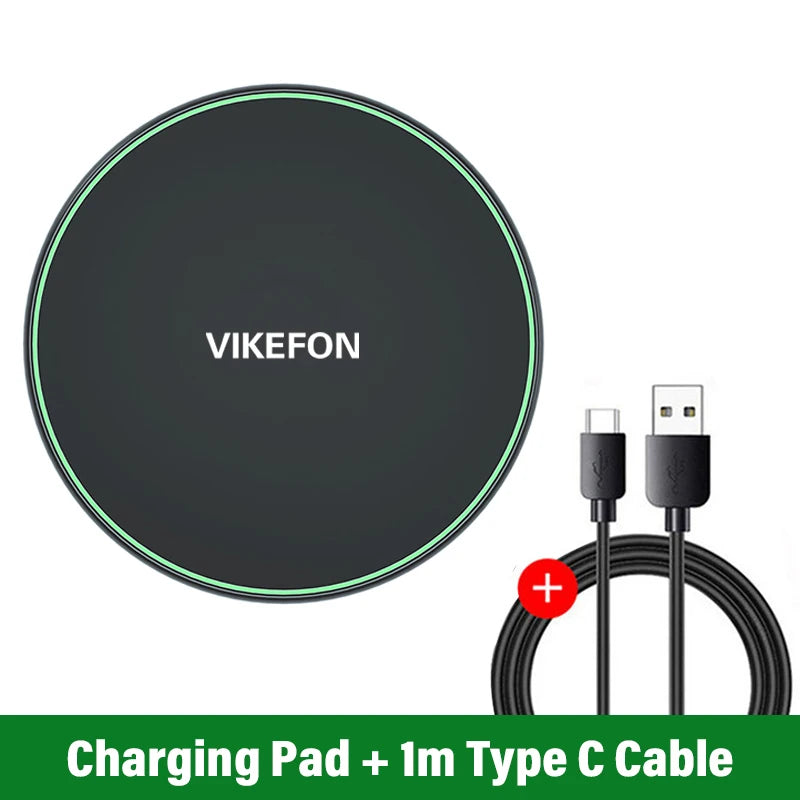 Black VIKEFON brand 30W wireless charging pad with green LED ring and 1m Type-C cable included.