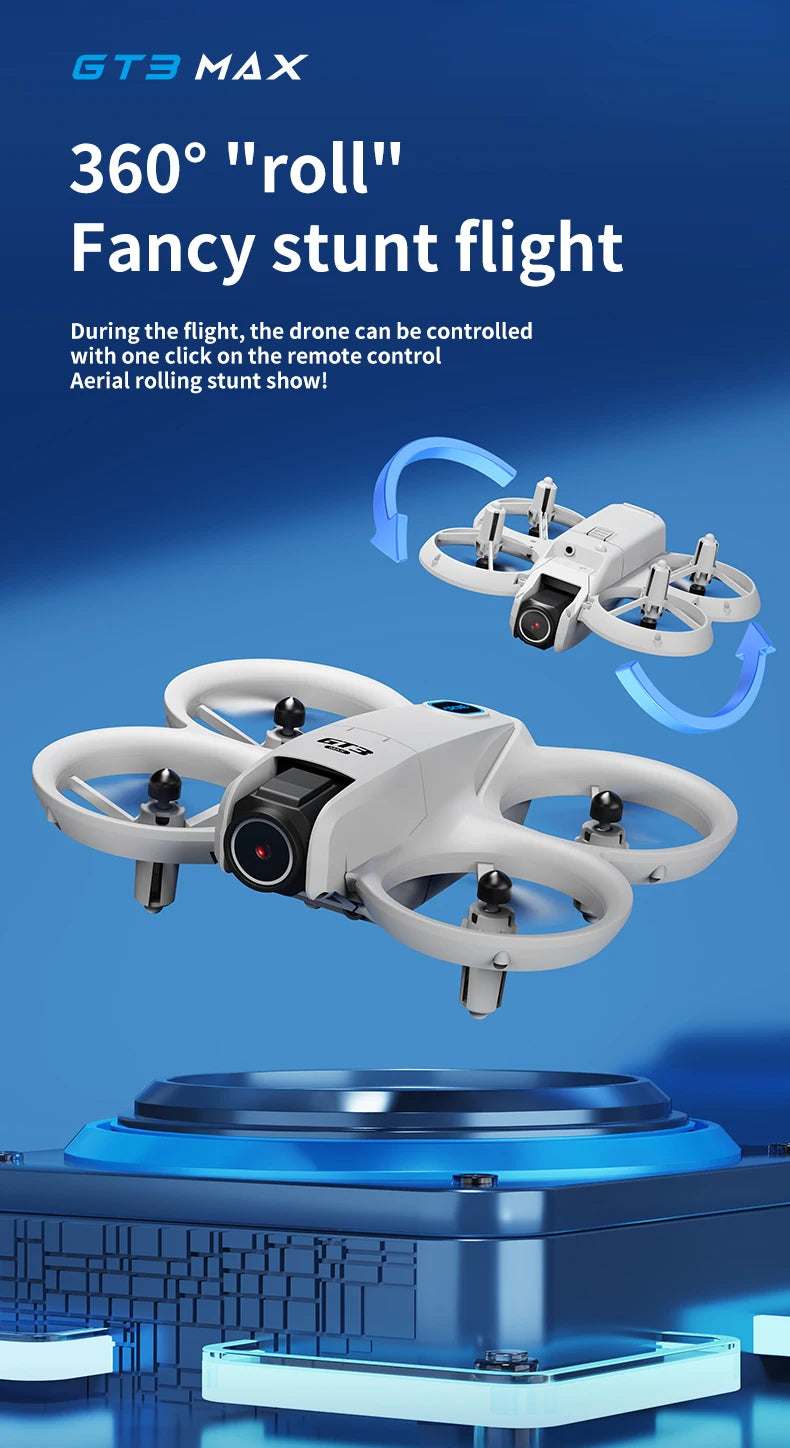 White drone with camera on a blue platform, featuring text about 360-degree roll stunt flight.